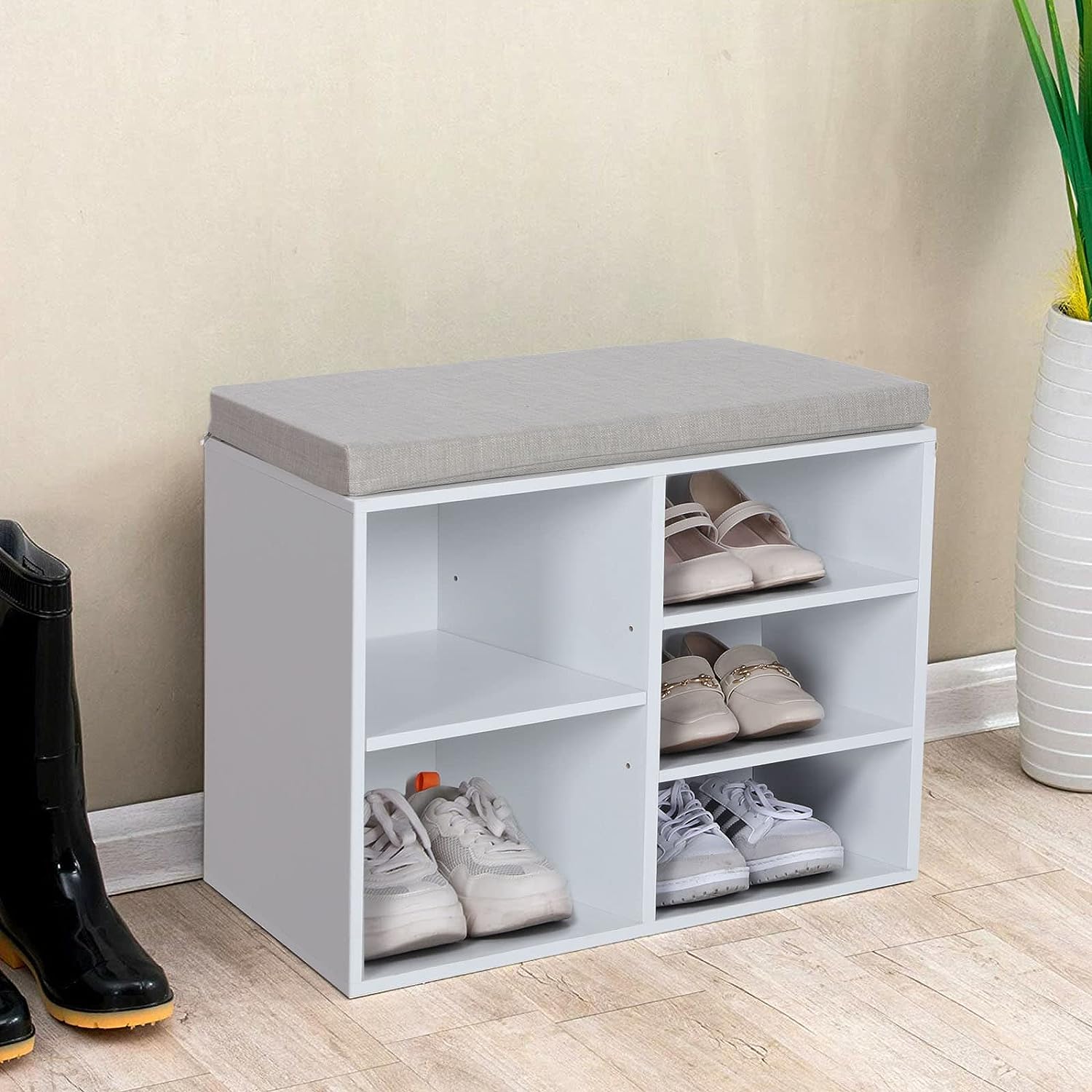 Shoe Storage Bench, Small Shoe Entryway Bench with Seating Cushion and Adjustable Shelves