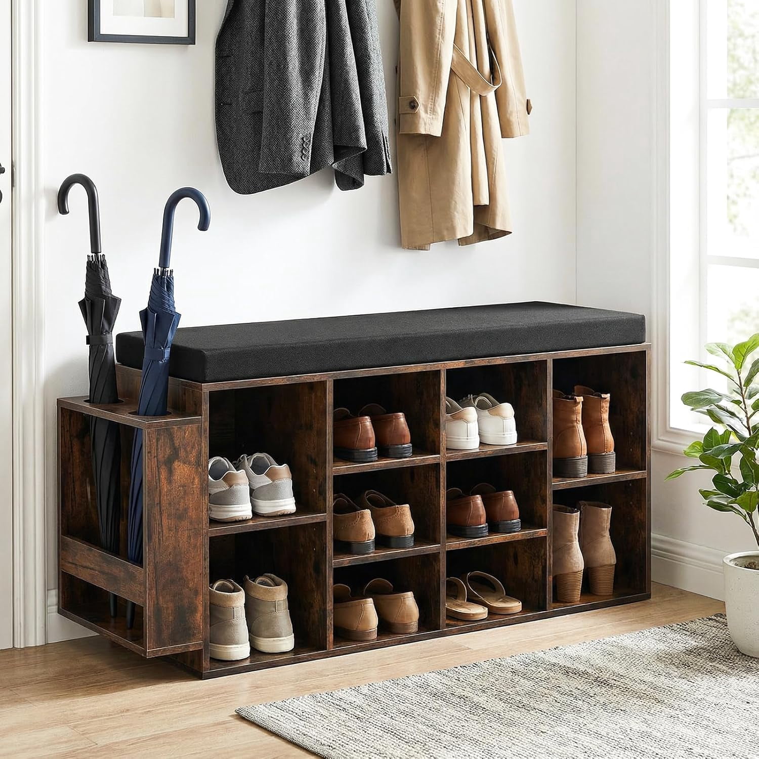 Shoe Storage Bench with Umbrella Holder, 40" Shoe Organizer with Cushioned Seat, 10 Cubbies & Adjustable Shelves, Wooden Industrial Shoe Rack for Entryway, Living Room, Bedroom
