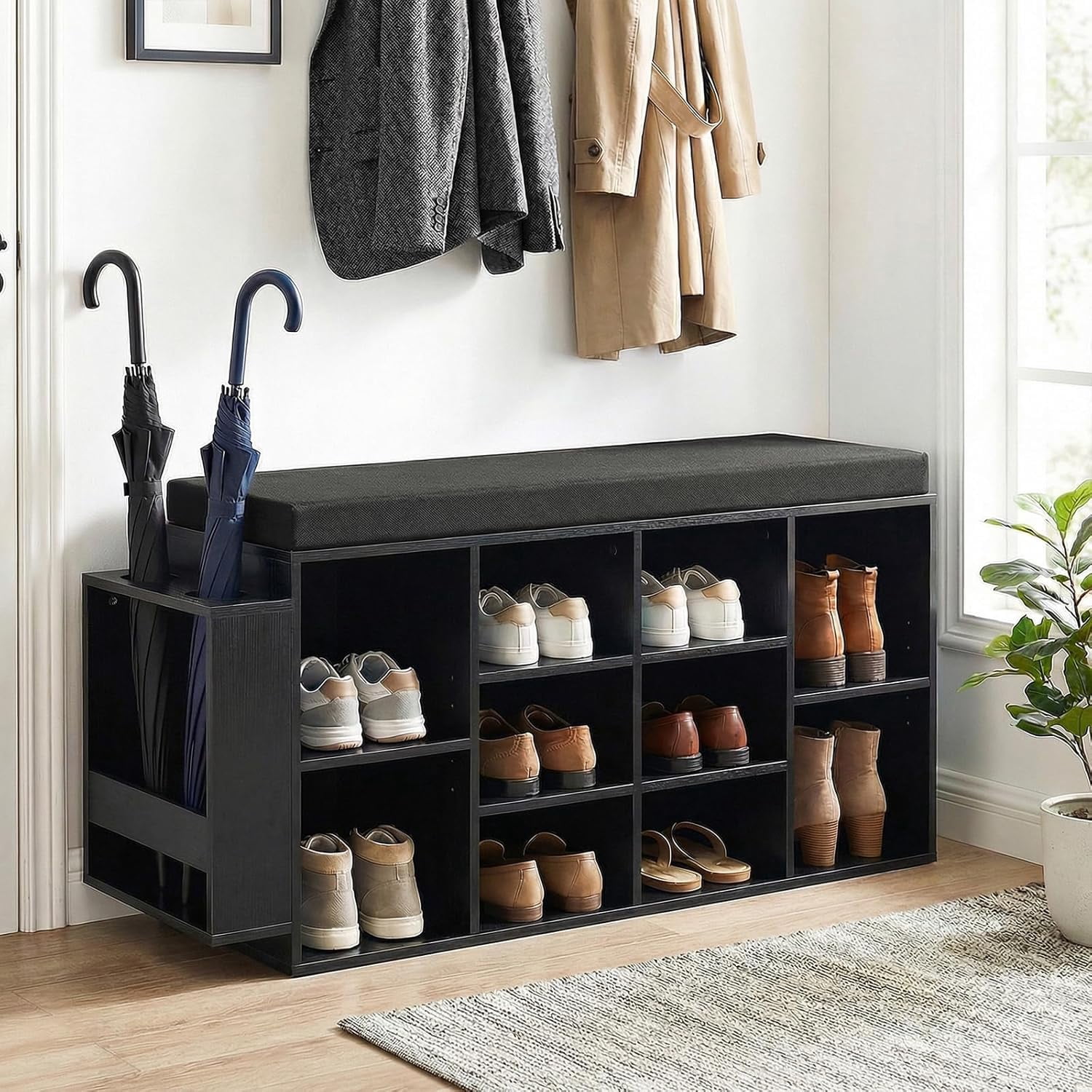 Shoe Storage Bench with Umbrella Holder, 40" Shoe Organizer with Cushioned Seat, 10 Cubbies & Adjustable Shelves, Wooden Industrial Shoe Rack for Entryway, Living Room, Bedroom