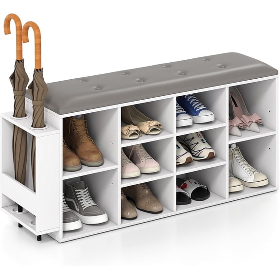 Shoe Storage Bench with Umbrella Stand, 10-Cube Entryway Bench with Adjustable Shelf & Padded Cushion, Cubby Shoe Rack Organizer for Bedroom & Checkroom, Rustic Brown & Black (White)