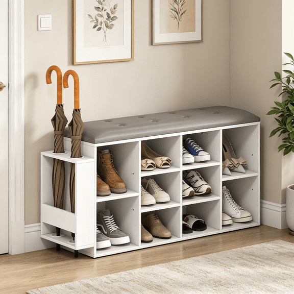 Shoe Storage Bench with Umbrella Stand, 10-Cube Entryway Bench with Adjustable Shelf & Padded Cushion, Cubby Shoe Rack Organizer for Bedroom & Checkroom, Rustic Brown & Black, White