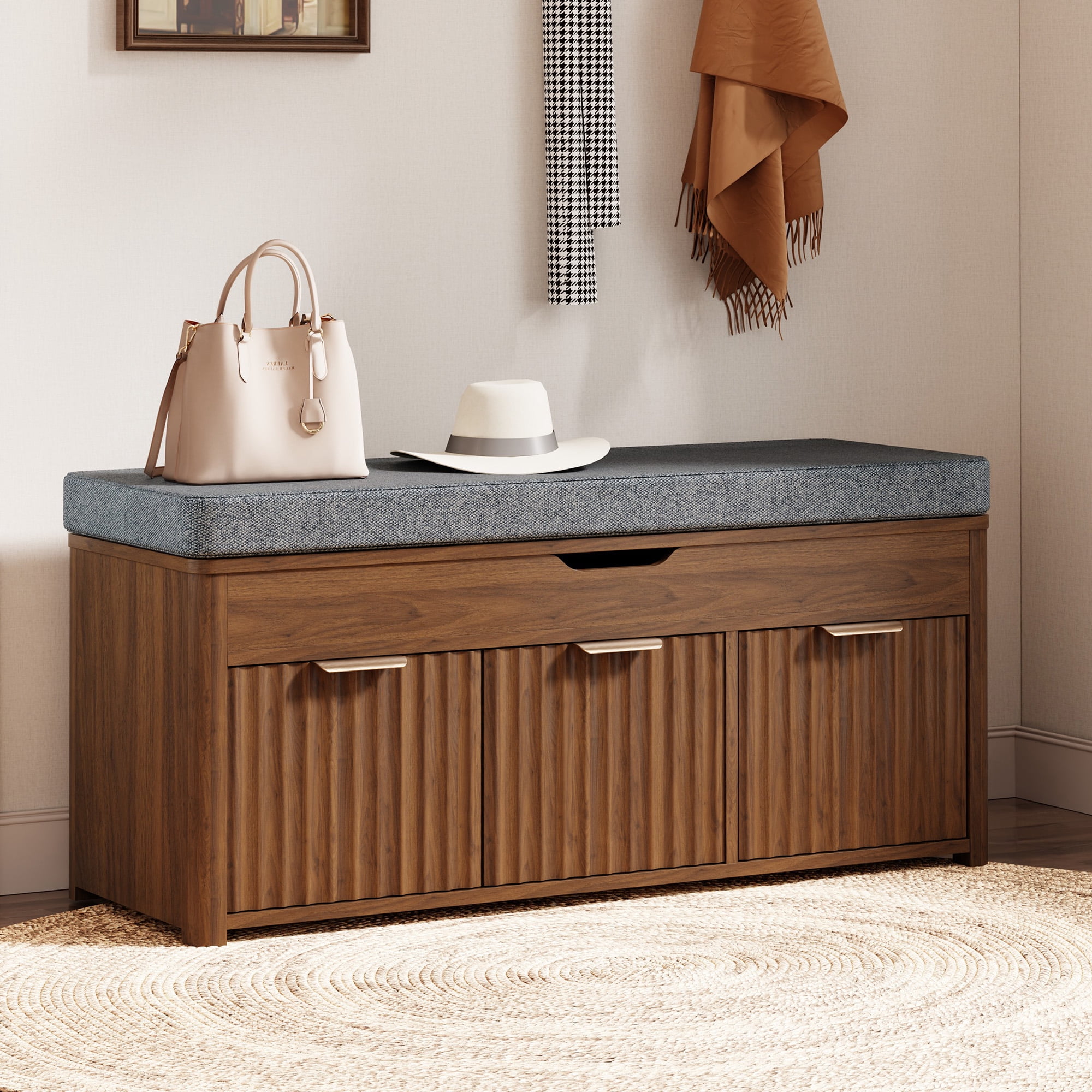 Shoe Storage Bench, Wooden Storage Chest ,3 Doors, Adjustable Shelf,  Bench with Shoe Rack for Entryway, Bedroom, Living Room, Walnut Brown