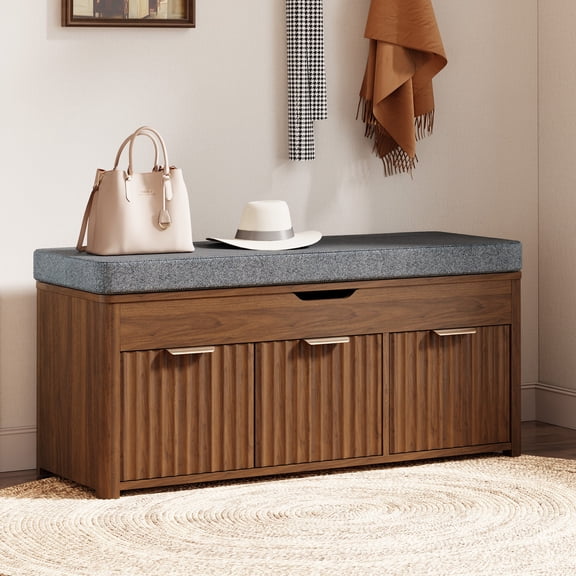 Shoe Storage Bench, Wooden Storage Chest ,3 Doors, Adjustable Shelf,  Bench with Shoe Rack for Entryway, Bedroom, Living Room, Walnut Brown