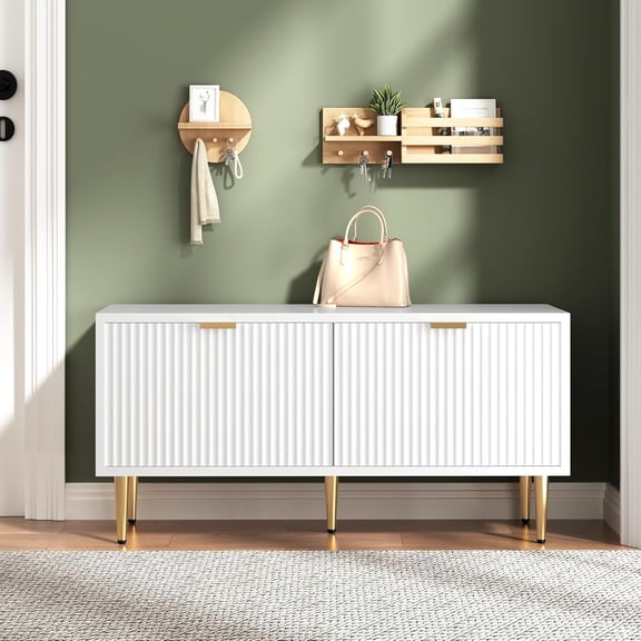 Shoe Storage Bench for Entryway, Modern Fluted Shoe Cabinet with Storage, Compact Wooden Mudroom Bench for Hallway, Foyer, Entrance, Front Door