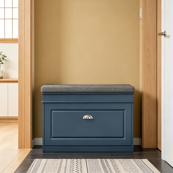 Shoe Storage Bench with Cushion, Navy Narrow Shoe Rack for Entryway, Small Shoe Cabinet with Flip-Drawer, for Closet, Hallway, Mudroom