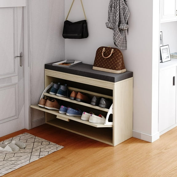 Shoe Storage Bench with Cushion & Rattan Front - 74x24x51CM - Entryway Organizer