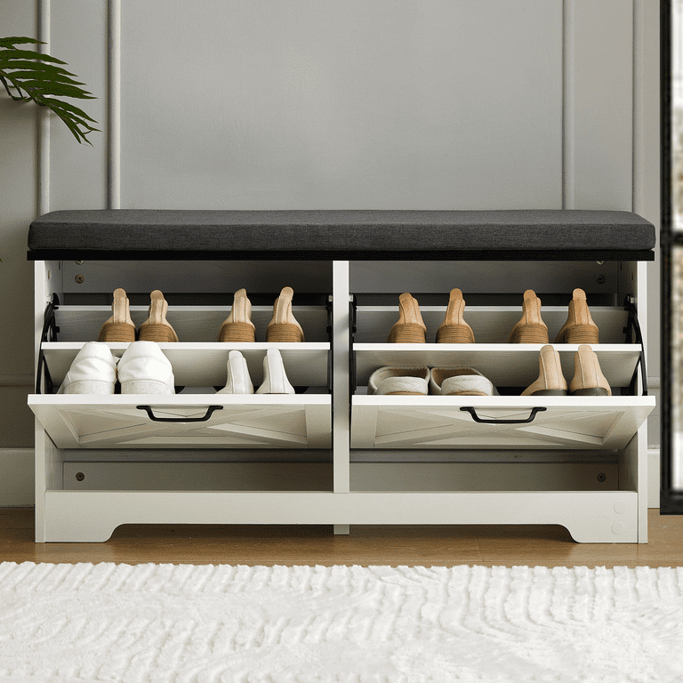 Shoe Storage Bench with Cushion Seat, Flip Drawers Adjustable