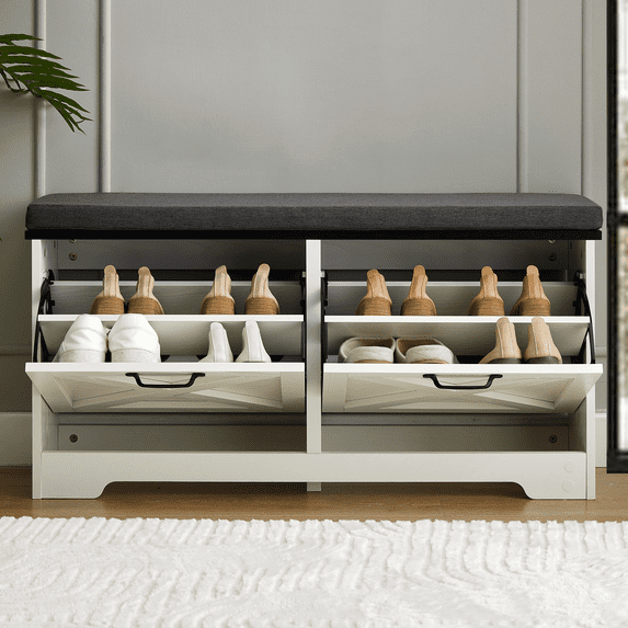 Shoe Storage Bench with Cushion Seat, 2 Flip Drawers & Adjustable Shelves for Hallway, Bathroom, Garage, White