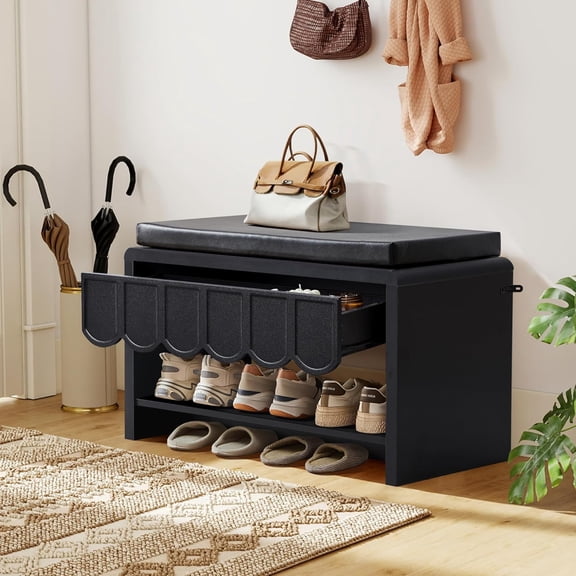 Shoe Storage Bench with Cushion, Shoe Rack Organizer Cabinet Bench with Wave Panel Drawer and Open Shelf for Entryway, Hallway, Living Room (Black)