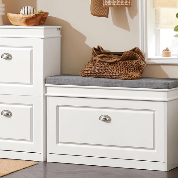 Shoe Storage Bench with Cushion, White Narrow Shoe Rack for Entryway, Small Shoe Cabinet with Flip-Drawer, Closet Hallway Mudroom FSR82-L-W