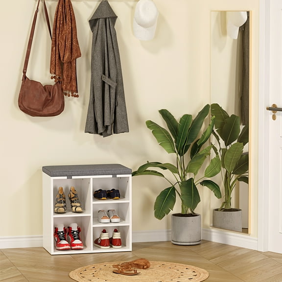 Shoe Storage Bench with Cushioned Seat for Entryway, 5 Cubbies, 3-Tier Adjustable Shelf, Organizer Shoe Rack for Bedroom, Living Room, Hallway