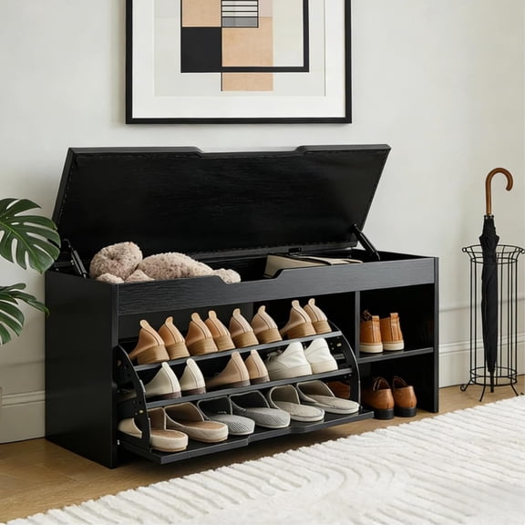 Shoe Storage Bench with Flip Drawer and Removable Cushion, Entryway and Mudroom Organizer with Seat, Front Door Shoe Rack Cabinet, Black