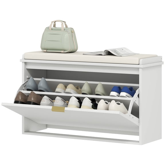 Shoe Storage Bench with Padded Seat Cushion, Flip-Drawer Cabinet and Adjustable Shelves, White
