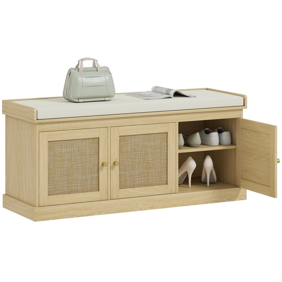 Shoe Storage Bench with Woven Rattan, Entryway Bench with Cushion, Adjustable Shelves for Bedroom Living Room, Oak Tone, 41.3W
