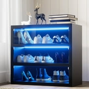 Shoe Storage Box - 3-Tier Wooden Shoe Storage Box with Flip Glass Door - Shoe Organizer Storage Box with RGB Led Light for Up to 9-12 Pairs of Shoes. 3 Tier