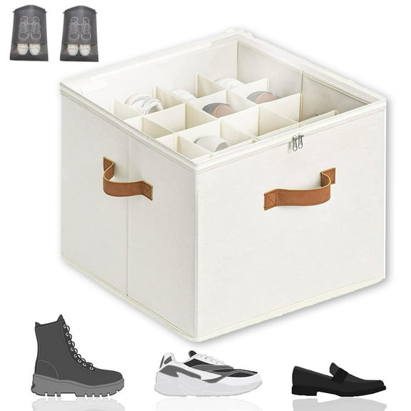 Foldable Fabric Shoe Organizer Storage Box - 16 Adjustable Dividers with Clear Cover - Multi-Compartment Shoe Container for Sneakers, Boots & Heels (Sturdy Handles, Space-Saving Design)