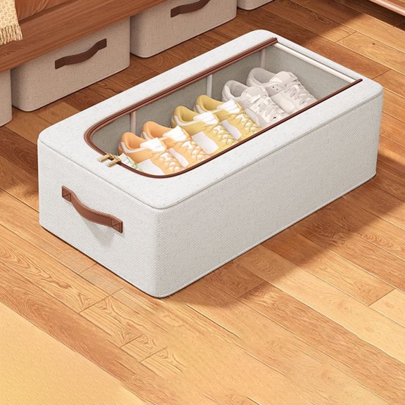 Shoe Storage Box for Closet Space Saving - Folding Shoe Cabinet with Transparent Window Underbed Shoe Organizer - Side Opening Container for Sneakers, Boots - Cotton Linen 1 Pack for Home Dorm Car
