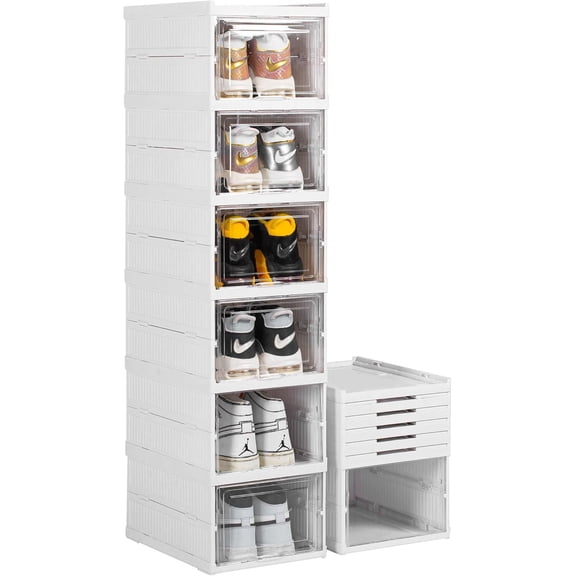 Shoe Storage Box, No-Assembly 6 Tiers Foldable Shoe Organizer with Clear Door, Space-saving Shoe Rack，Sturdy Clear Plastic Stackable Sneaker Container