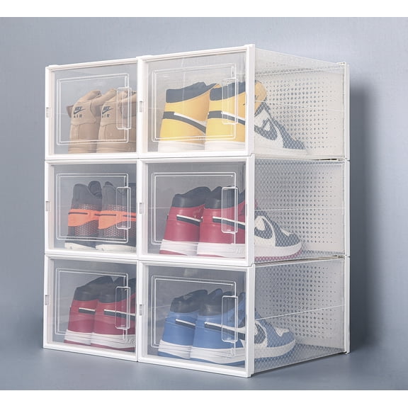 Shoe Storage Box Stackable Entryway Containers Set of 6 Plastic White