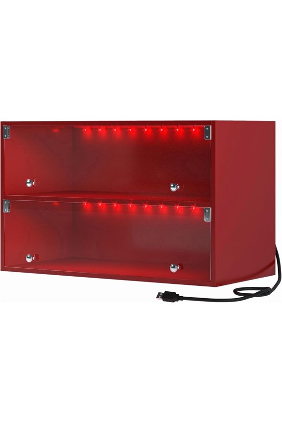 Shoe Storage Box, basketball Wooden Shoe Box for sneakers Collection with Flip Glass Door RGB LED Light Strip, USB Powered for Shoe Organizer Storage Box, stackable design (Red, 2-Tier)