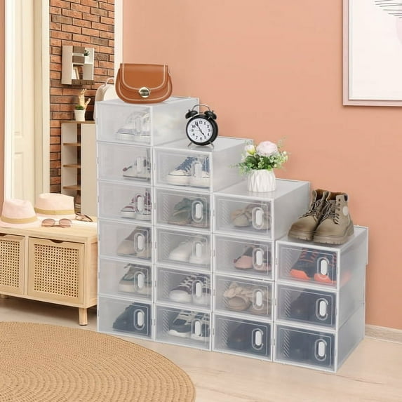 Shoe Storage Boxes 18 Pack Clear Plastic Stackable - White