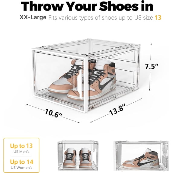 Shoe Storage Boxes Fit Size 13, White Plastic Stackable Shoe Organizer for Closet, Shoe Rack & Holder Sneaker Container, Thicken & Sturdy 6-Sided Hard Clear White 6 Pack