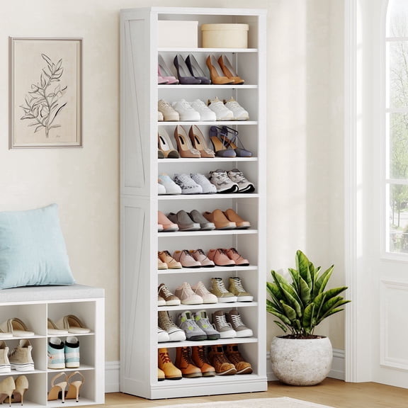 Hzuaneri 71.3" Tall Freestanding Wooden Shoe Storage Cabinet, 10‑Tier Space‑Saving Organizer with Adjustable Dividers, Multi‑Purpose Rack for Shoes & Books, Ideal for Entryway, Living Room, White