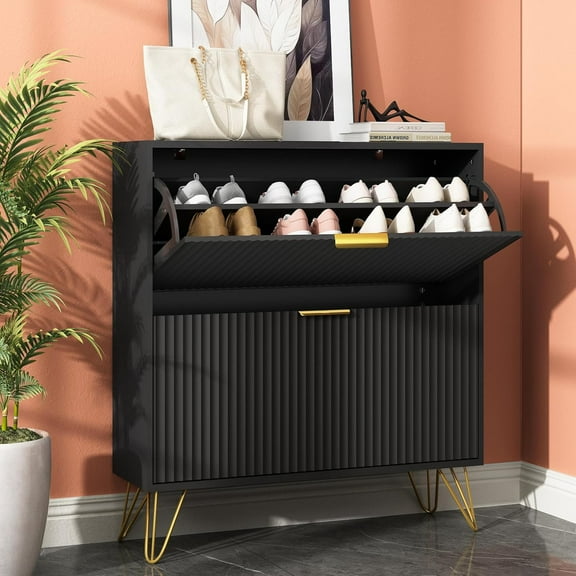Shoe Storage Cabinet with 2 Flip Drawers, 31.5" W Fluted Shoe Cabinet for Entryway, Hidden Shoe Cabinet Storage, Narrow Free Standing Shoe Orgnaizer Rack Cabinet for Foyer Hallway, Black