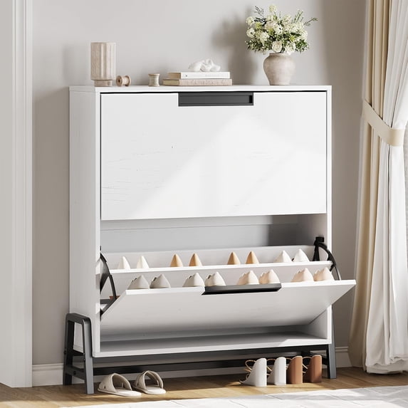 Shoe Storage Cabinet with 2 Flip Drawers, Freestanding Narrow Shoe Organizer with Adjustable Shelf & Metal Legs for Entryway, Hallway, Living Room, White