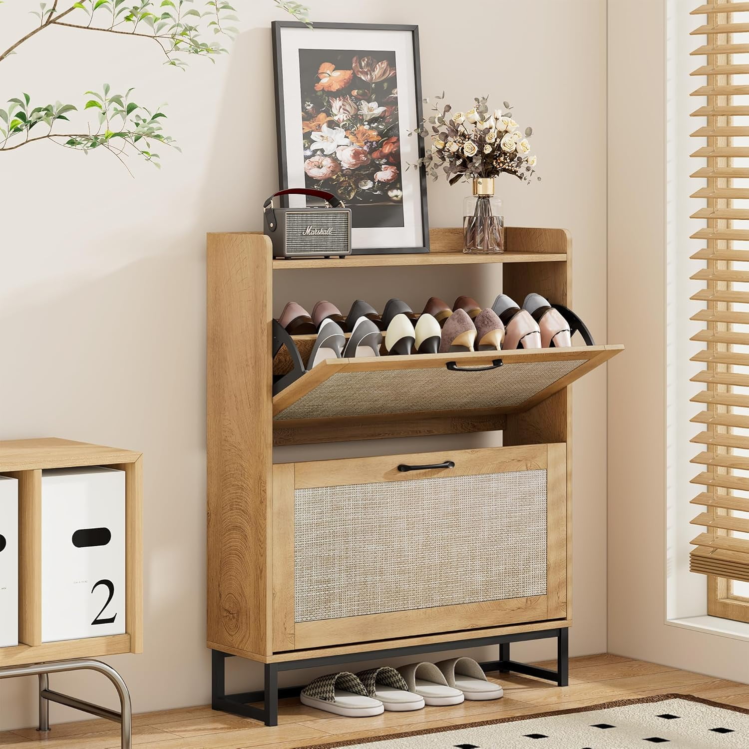 Shoe Storage Cabinet with 2 Flip Drawers, Freestanding Shoe Rack for ...