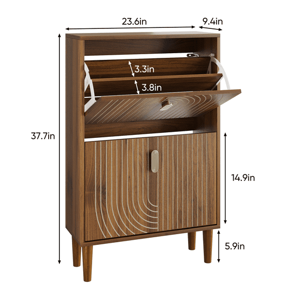 Shoe Storage Cabinet with 2 Flip Drawers, Freestanding Shoe Rack with Metal Handles for Entryway, Line Groove Design, 23.6W Brown Particle Board MDF Pine Wood