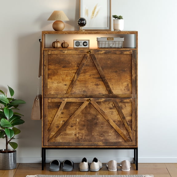 Shoe Storage Cabinet with 2 Flip Drawers, Modern Hidden Shoe Storage Organizer, Narrow Wooden Freestanding Shoe Rack with Motion Sensor Light for Entryway, Hallway, Foyer, Rustic Brown