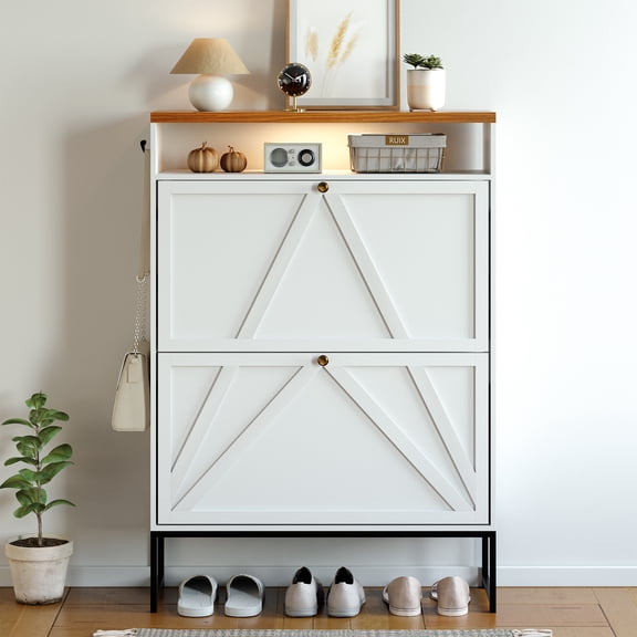 Shoe Storage Cabinet with 2 Flip Drawers, Modern Hidden Shoe Storage Organizer, Narrow Wooden Freestanding Shoe Rack with Motion Sensor Light, Hallway, Foyer, White