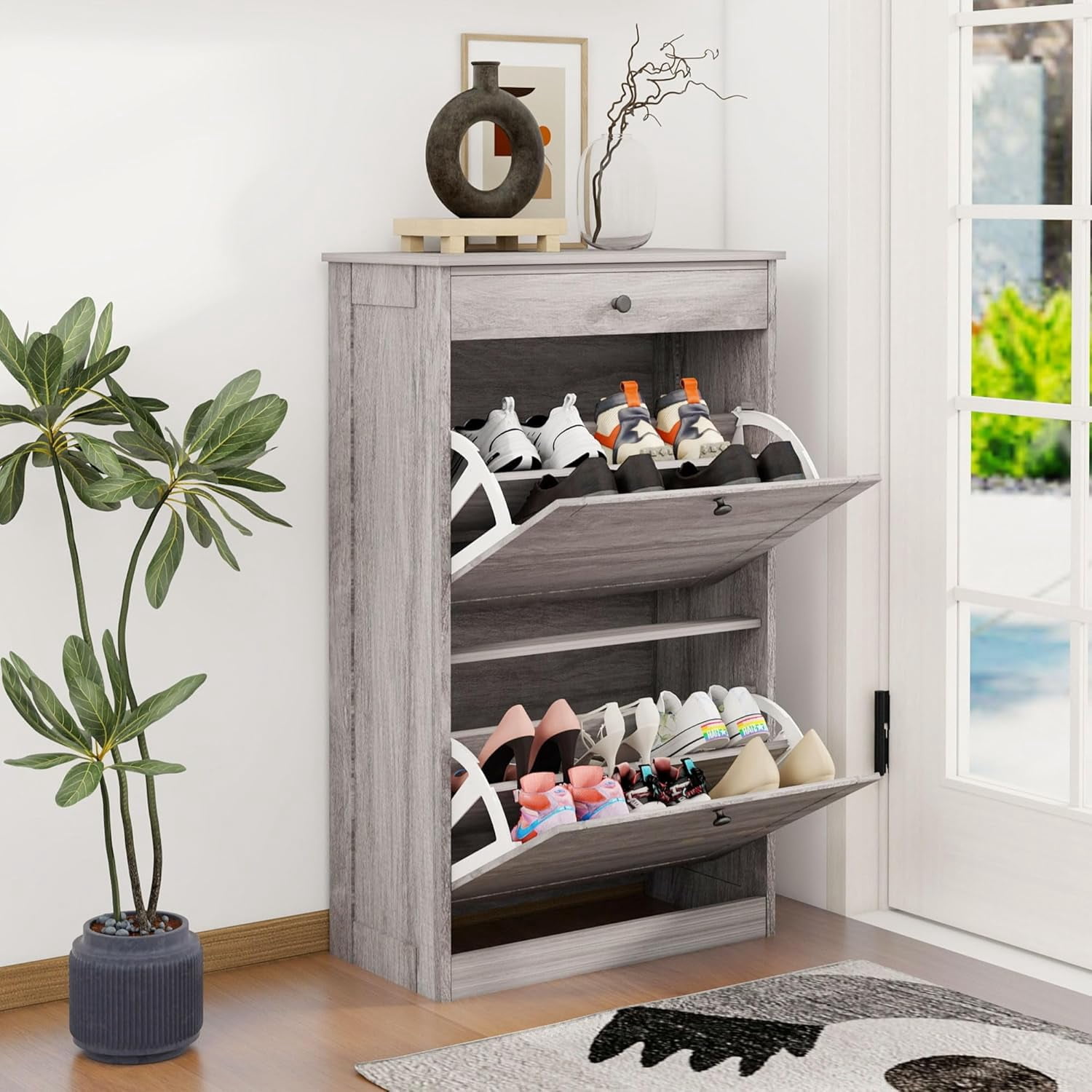 Shoe Storage Cabinet with 2 Flip Drawers, Narrow Freestanding Hidden ...