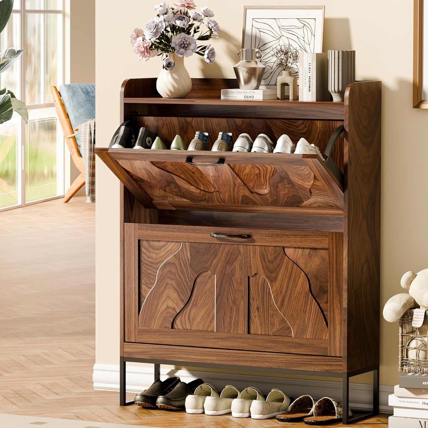 Shoe Storage Cabinet with 2 Flip Drawers, Narrow Shoe Cabinet for ...