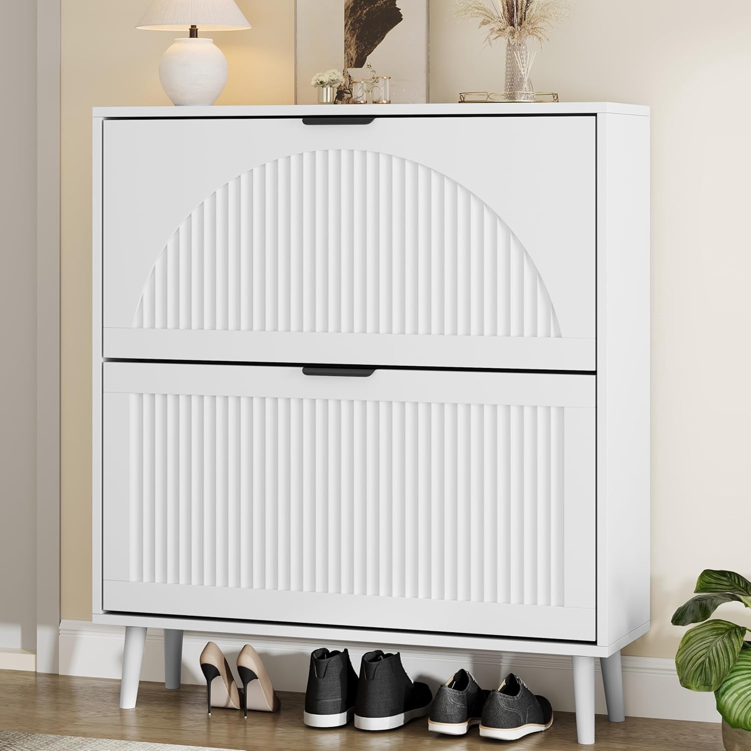 Shoe Storage Cabinet with 2 Flip Drawers, Narrow Wood Shoe Organizer ...