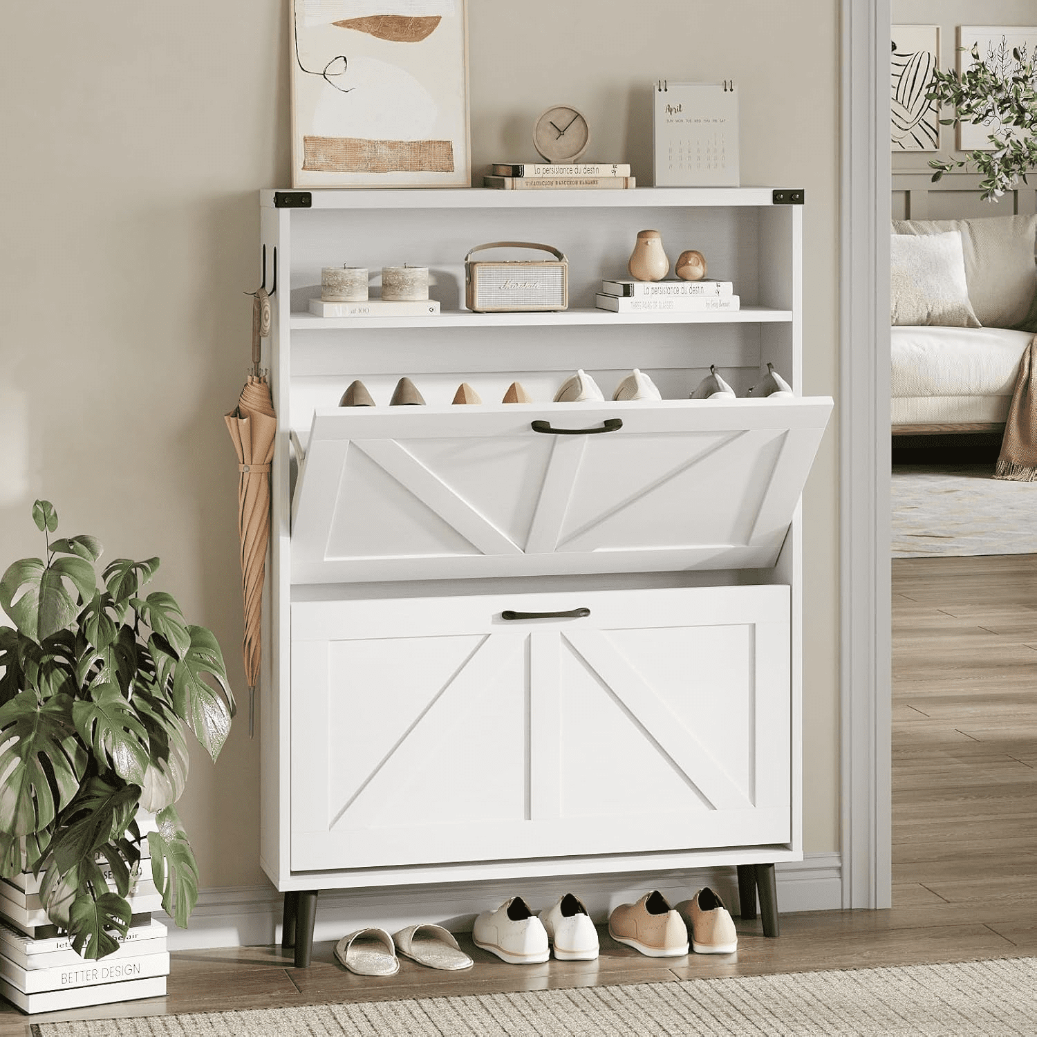 Shoe Storage Cabinet with 2 Flip Drawers Shoe Cabinet with Open Storage ...