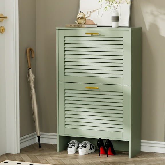 Glavbiku Shoe Storage Cabinet Louvered Doors 2 Flip Drawers Slim Entryway Green 1 Pack