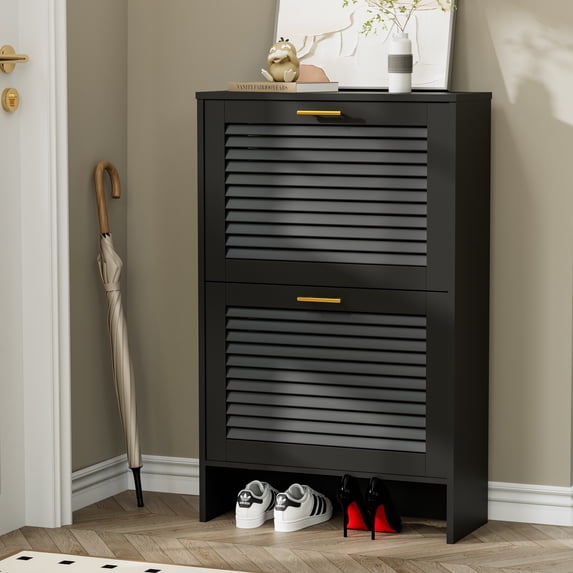 Shoe Storage Cabinet with 2 Flip Drawers Slim Entryway Shoe Organizer with Louvered Doors, Adjustable Shelves, Space-Saving Design for Hallway, Foyer, or Porch Hidden Shoe Rack Black