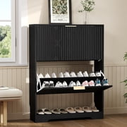 Shoe Storage Cabinet with 2 Flip Drawers,Slim Fluted Shoe Rack Cabinet with Open Storage,Wooden Hidden Shoe Rack Freestanding Narrow Shoes Organizer for Hallway, Entrance,Foyer