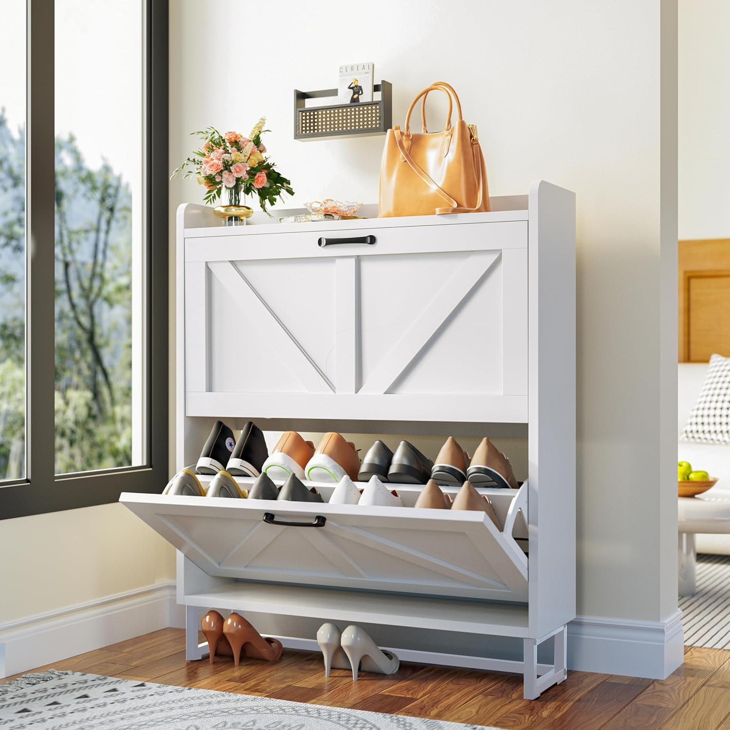 Rustic Flip Shoe Rack Shoe Storage Cabinet with 2 Flip Drawers, Slim Freestanding Shoe Rack ...