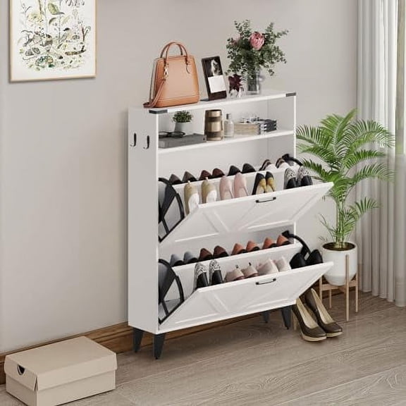 Shoe Storage Cabinet with 2 Flip Drawers, Slim Freestanding Storage Racks with Metal Legs for Heels, Boots, Slippers, Narrow Shoe Organizers for Entryway, Hallway