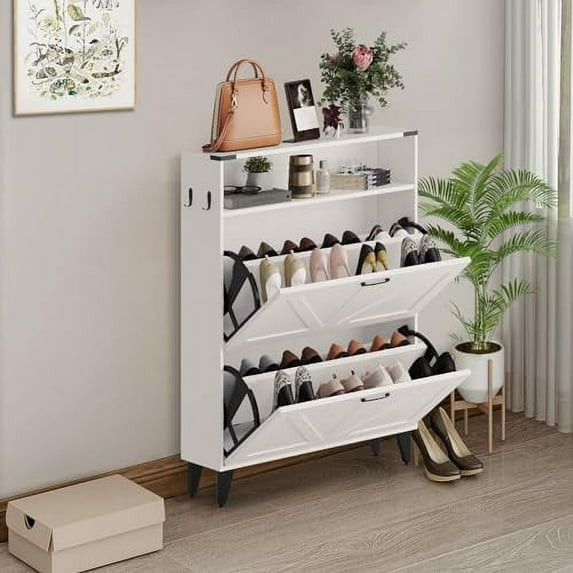Shoe Storage Cabinet with 2 Flip Drawers, Slim Freestanding Storage Racks with Metal Legs for Heels, Boots, Slippers, Narrow Shoe Organizers for Entryway, Hallway