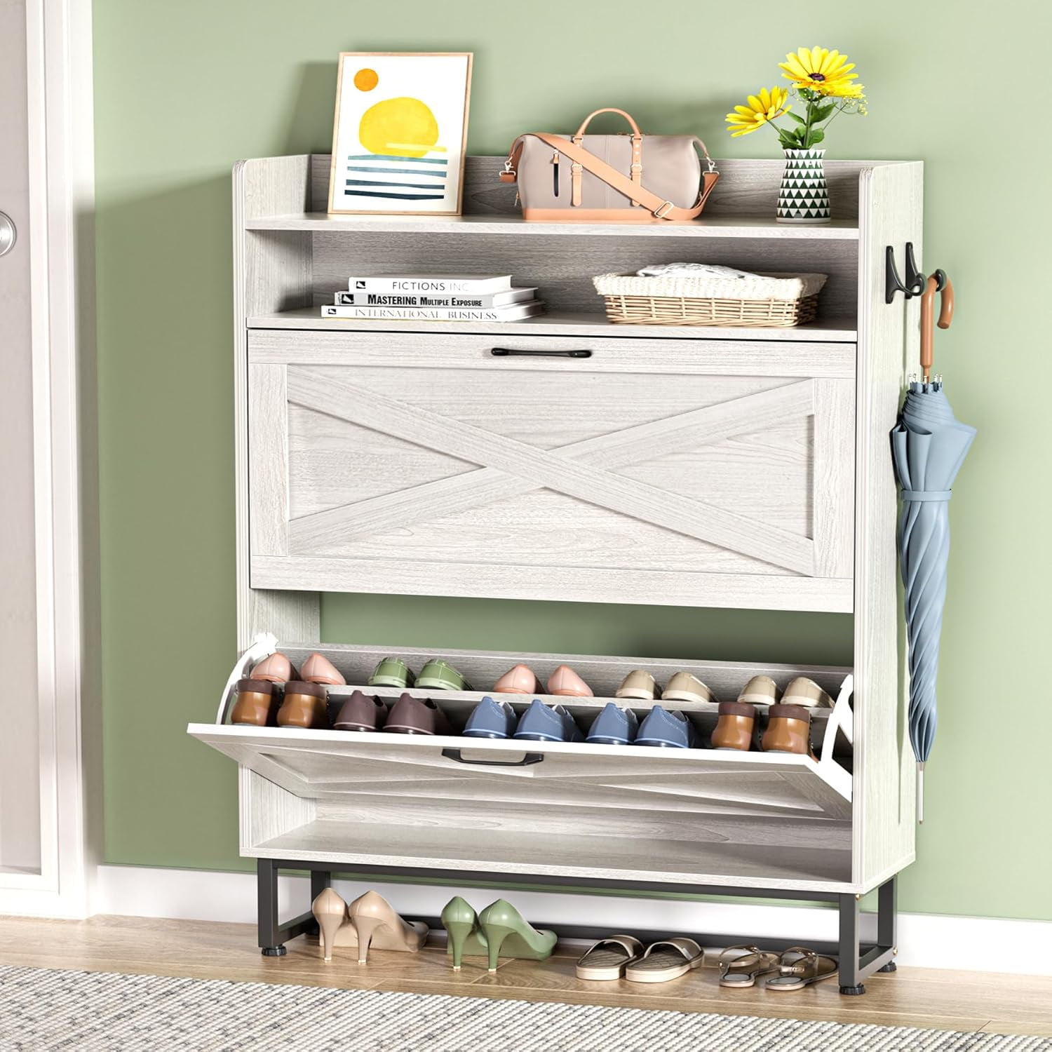 Shoe Storage Cabinet with 2 Flip Drawers Slim Wood Shoe Cabinet for ...