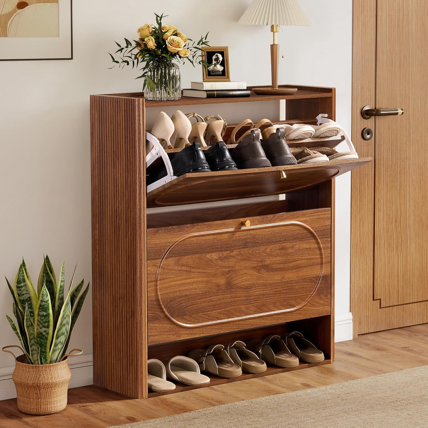 Shoe Storage Cabinet with 2 Flip Drawers, Wood Narrow Shoe Cabinet for ...