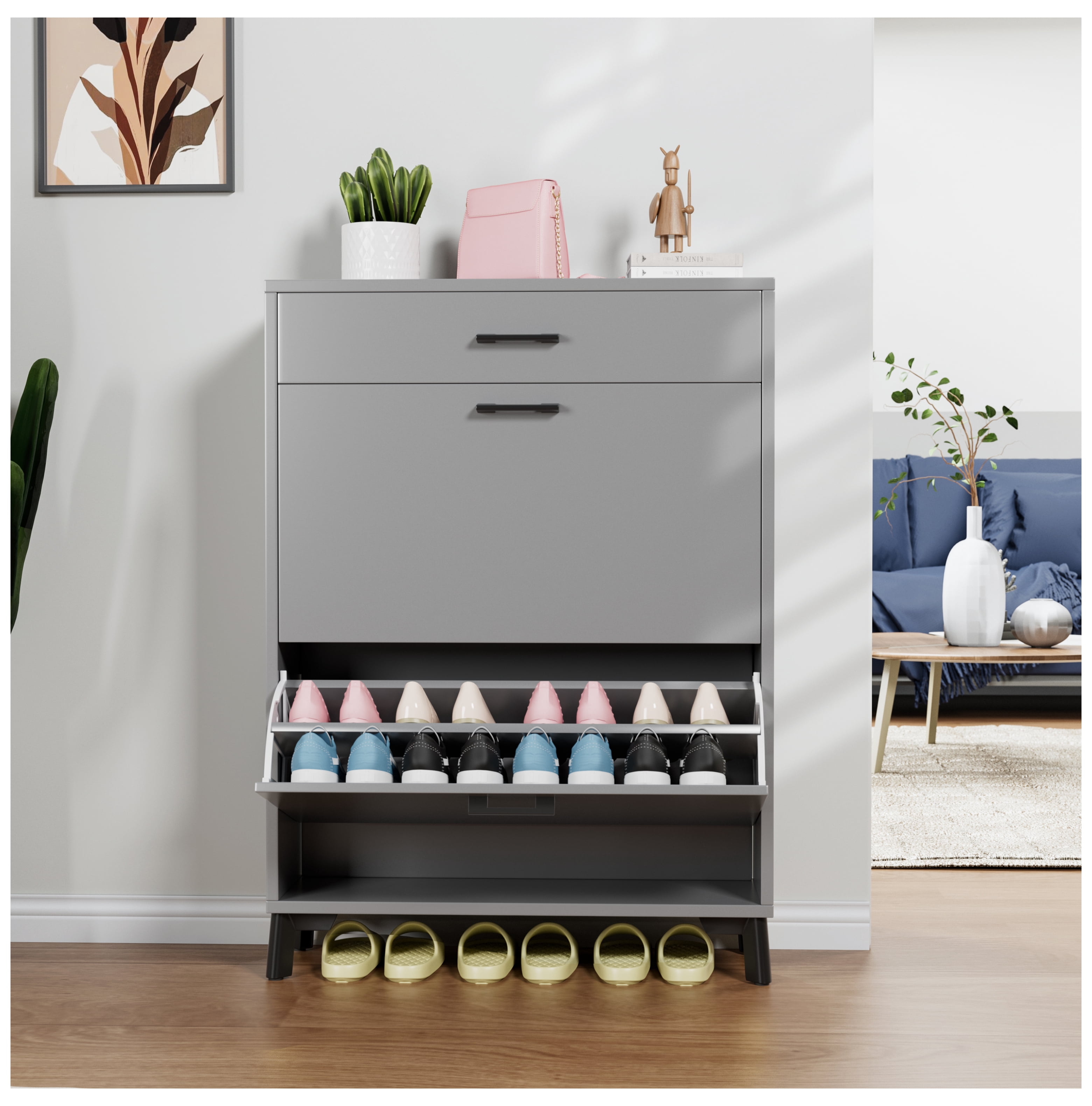 Shoe Storage Cabinet, 2-Tier Flip Drawer Shoe Organizer, Free Standing ...