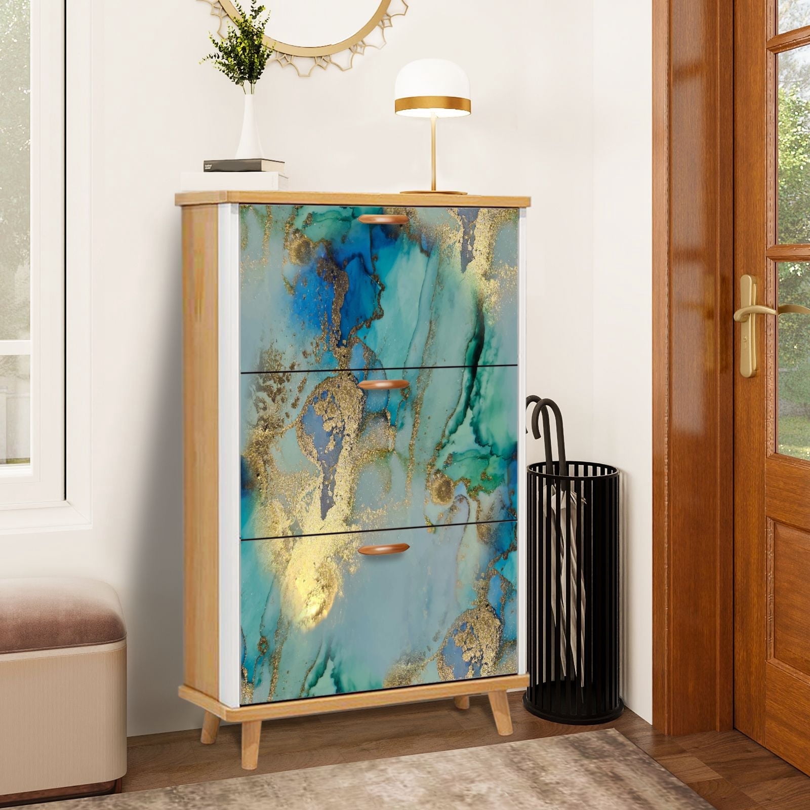 Shoe Rack Marbel Shoe Storage Cabinet with 3 Flip Drawers for Entryway Gold Marble ...
