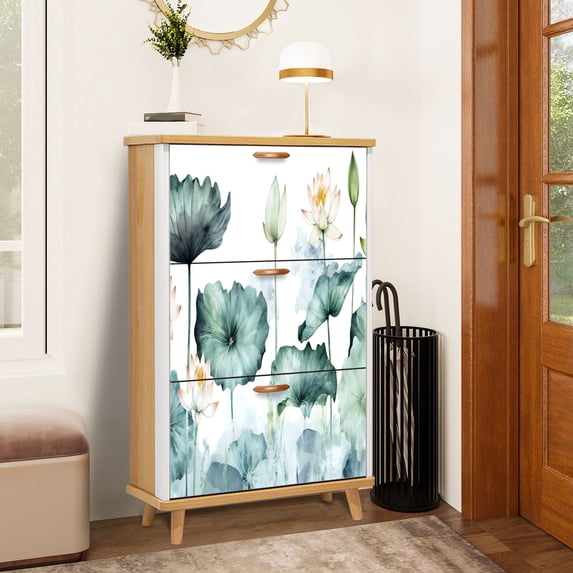 Shoe Storage Cabinet with 3 Flip Drawers for Entryway Lily Pad Peel Stick Black Green Lotus Flowers Water Lilies Large Green Shoe Rack Storage Organizer