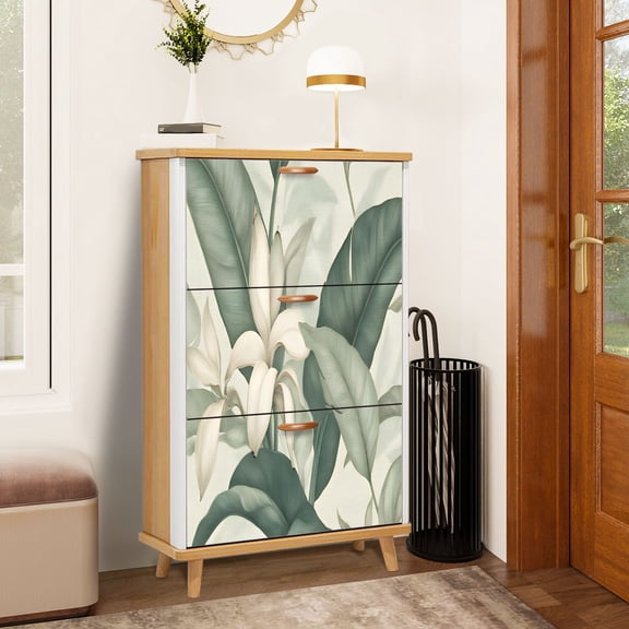 Shoe Storage Cabinet with 3 Flip Drawers for Entryway Tropical Palmiers Collection Azure Banana Leaves Tropical Plants Leaf Shoe Rack Storage Organizer