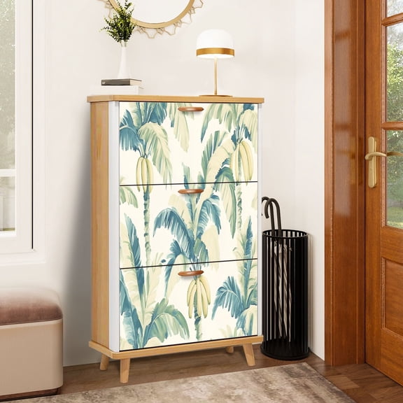 Shoe Storage Cabinet with 3 Flip Drawers for Entryway&nbsp;Designer Tropical Bahamian Breeze Collection Azure Palm Leaves Banana Shoe Rack Storage Organizer
